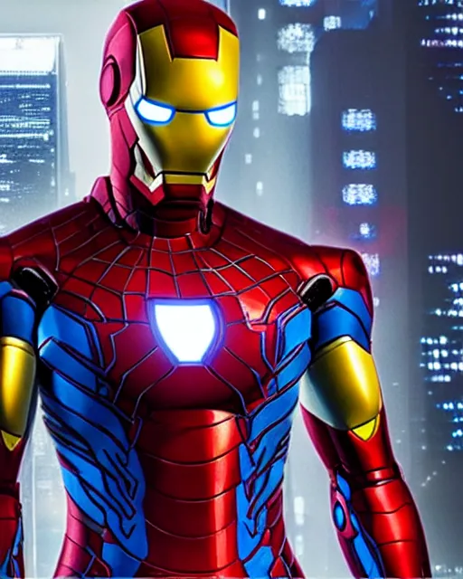 Prompt: super high resolution photorealistic cyberpunk spiderman mixed with iron man