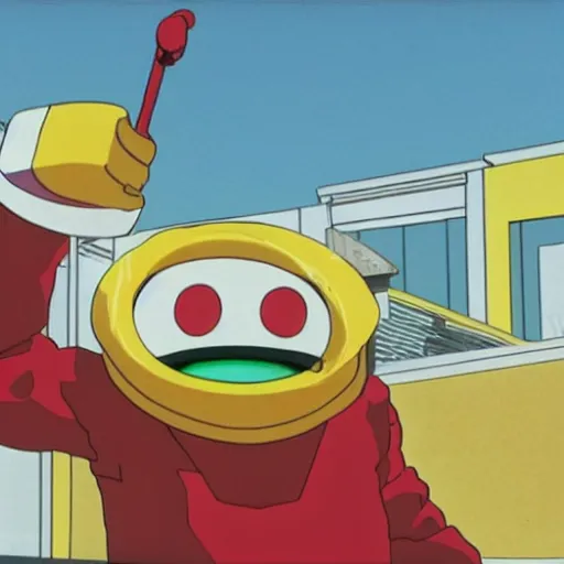 Image similar to the mayo man, angular humanoid blob of mayonnaise, angry eyes, shaded out eyes, 2 0 0 1 anime, flcl, golden hour, japanese town, cel - shaded, strong shadows, vivid hues, y 2 k aesthetic