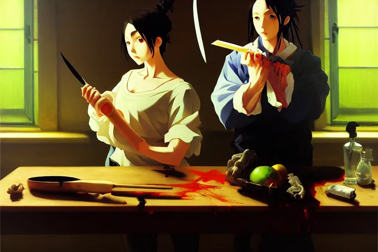 Prompt: baroque oil painting of anime key visual concept art of anime girl serial killer holding bloody kitchen knife, acrylic painting, trending on pixiv fanbox, palette knife and brush strokes, style of makoto shinkai jamie wyeth james gilleard edward hopper greg rutkowski studio ghibli genshin impact