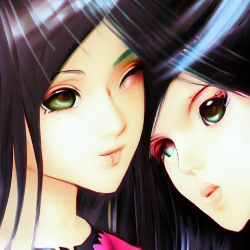 Prompt: of 2 girls with pearl shining in backgroud, black hair, photorealistic, cinematic light, highly detailed,