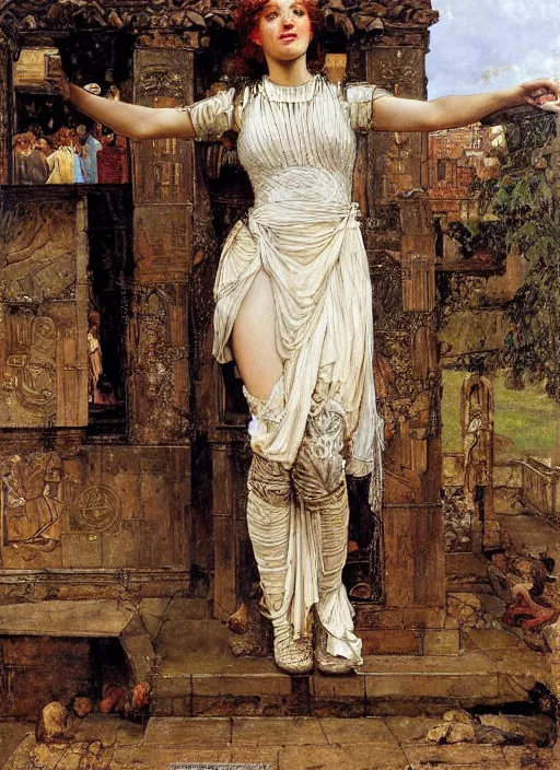 Image similar to portrait of helen of troy in armour outside the city walls, by lawrence alma tadema and rick berry and norman rockwell