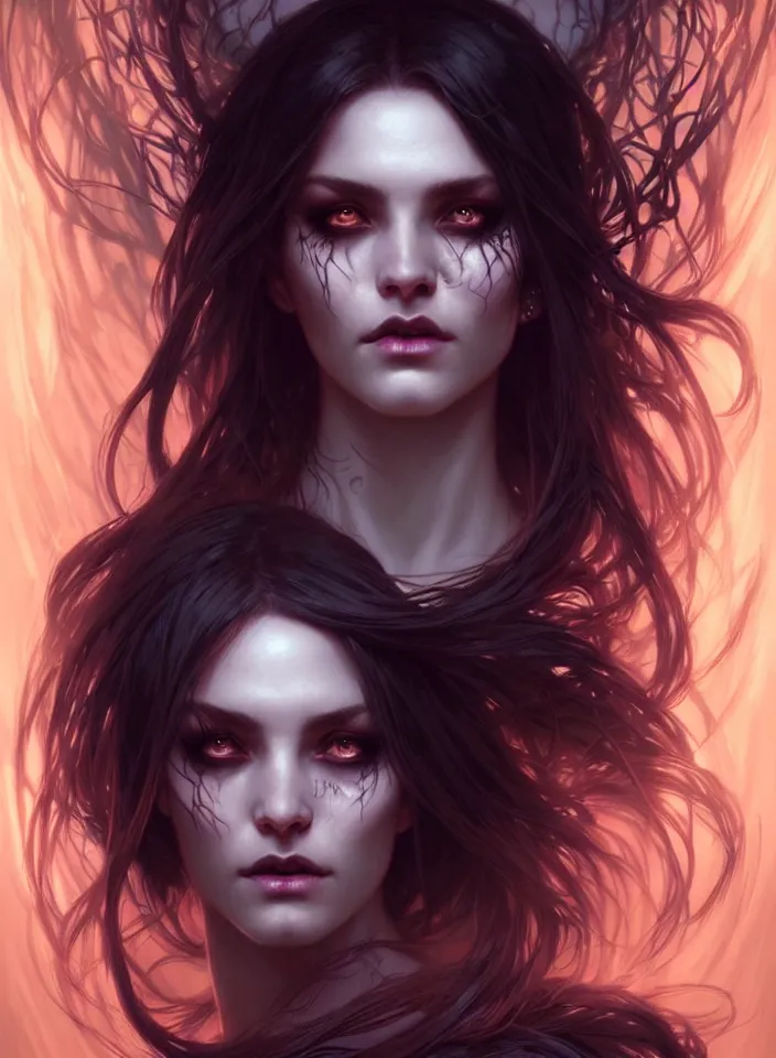 Image similar to Necromancer Sorceress face in center, fantasy magic, undercut hairstyle, dark light night, intricate, elegant, sharp focus, illustration, highly detailed, digital painting, concept art, matte, art by WLOP and Artgerm and Greg Rutkowski and Alphonse Mucha, masterpiece