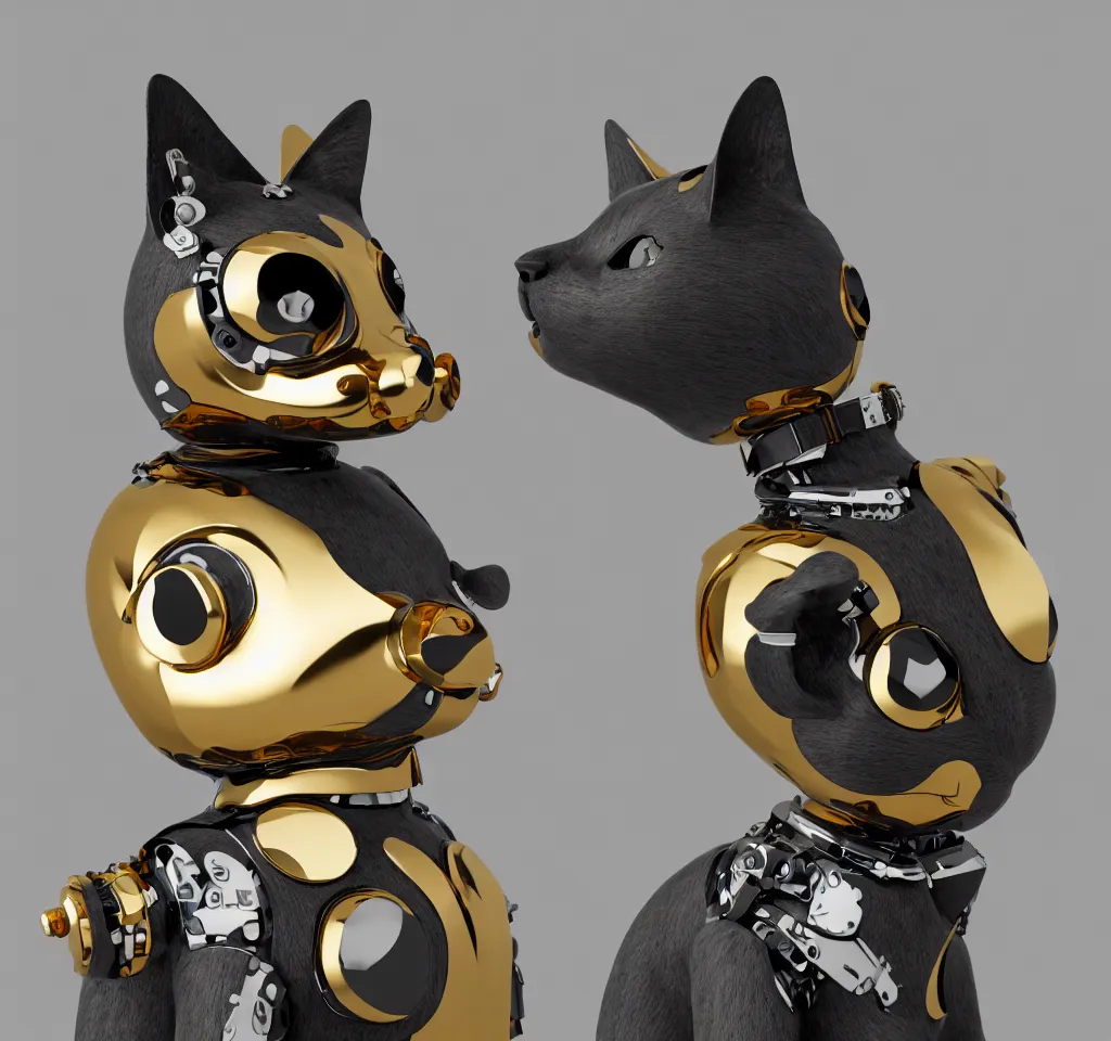 Prompt: by chris mastree, a modern cybernetic cat made from gold porcelain and black steel, insane reflexions, pastel colored, daylight, peaceful, 8 k, ambient occlusion, octane render