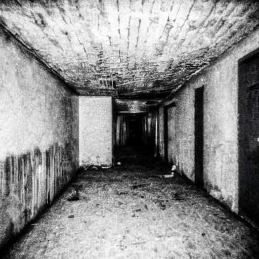 Image similar to insane nightmare, no light, everything is blurred, creepy shadows, haunted house, prison in the basement, very poor quality of photography, 2 mpx quality, grainy picture