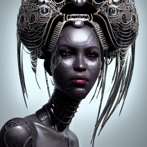 Prompt: portrait of an absurdly beautiful, graceful, sophisticated, fashionable african cyberpunk mechanoid gravure idol, ultrafine hyperdetailed illustration by irakli nadar, matt wisniewski style, marvel comics, intricate linework, porcelain skin, neon jellyfish headdress, ivory carved ruff, unreal engine 5 highly rendered, global illumination, radiant light, detailed and intricate environment