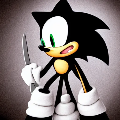 Prompt: a sonic with black eyes crying and holding a knife, horror, dark, creepy, scary
