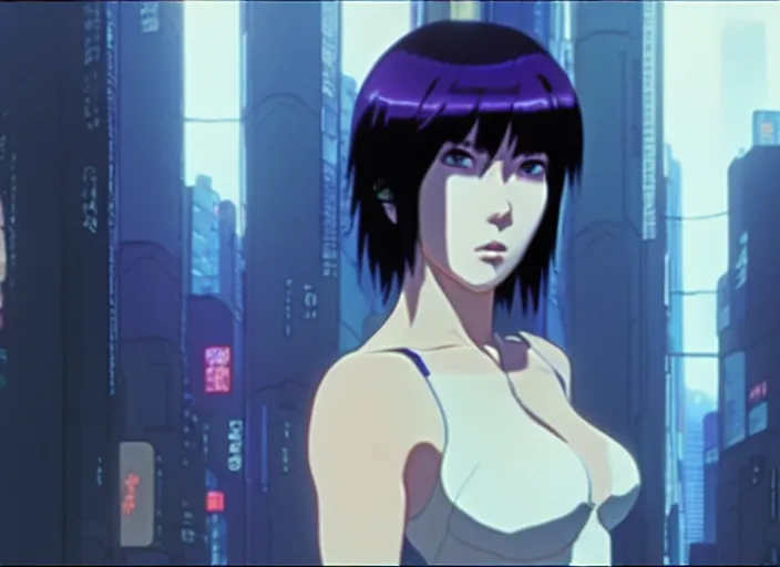 Image similar to a film still portrait of a motoko kusanagi ghost in the shell, finely detailed features, closeup at the faces, perfect art, at a cyberpunk city, gapmoe yandere grimdark, trending on pixiv fanbox, painted by greg rutkowski makoto shinkai takashi takeuchi studio ghibli, akihiko yoshida