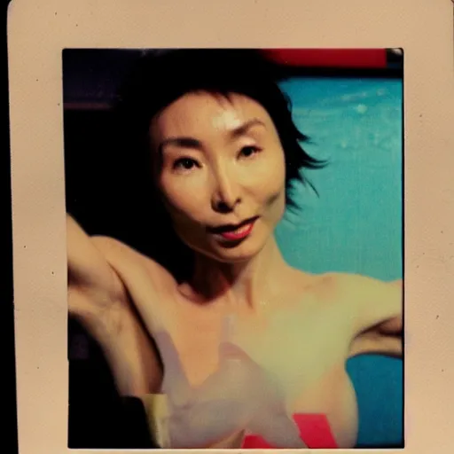 Prompt: maggie cheung as mai shiranui floating in zero gravity, playful atmosphere, polaroid photo