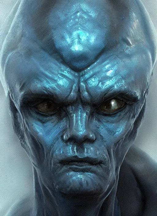 Image similar to fantasy and science fiction portrait of a blue alien wearing a semi-transparent biosuit, detailed, intricate, very realistic, in the style of James Gurney, Craig Mullins, Wlop