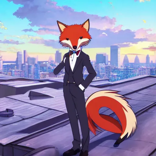 Image similar to key anime visual of an anthropomorphic fox, wearing a tuxedo on a city rooftop at sunrise, modern anime style, official anime still