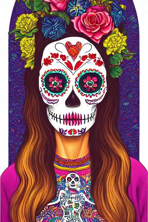 Prompt: Illustration of a sugar skull day of the dead girl, art by casey weldon