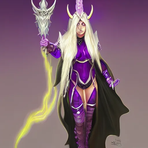 Prompt: female demon warlock with white horns, young, purple cloak , still, digital painting, trending on artstation, masterpiece, in the style of JB Casacop