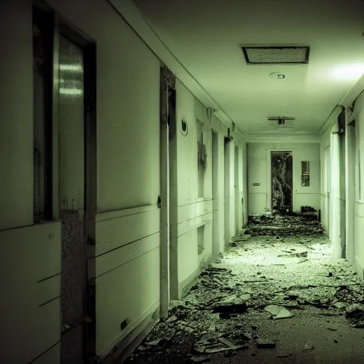 Image similar to An abandoned hospital at night, horror elements, dark ambiance, film grain, 4k.