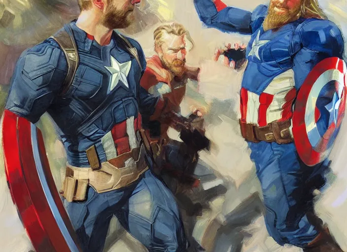 Image similar to a highly detailed beautiful portrait of captain america and thor sharing a moment, by gregory manchess, james gurney, james jean