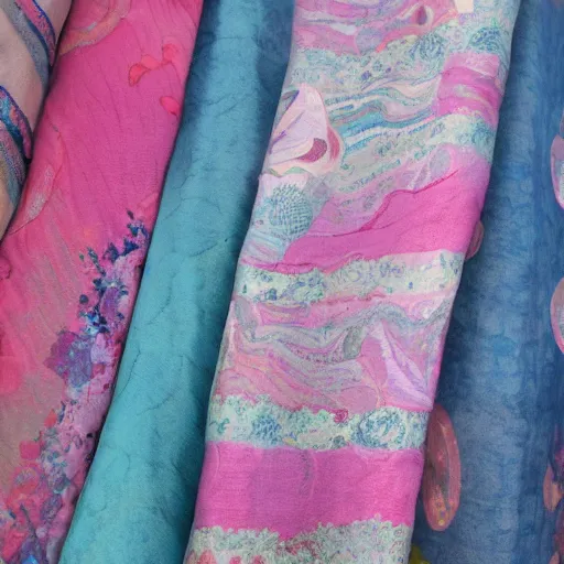 Prompt: of a piece of fabric made out of many layers, puffy, pinks and blues