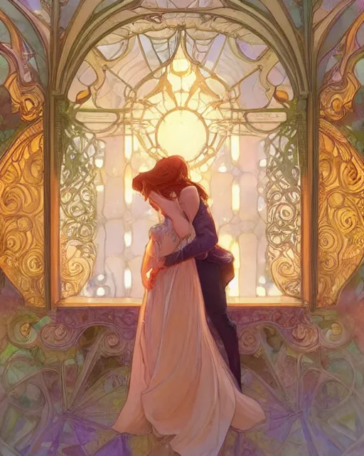 Image similar to secret romance, highly detailed, gold filigree, romantic storybook fantasy, soft cinematic lighting, award, disney concept art watercolor illustration by mandy jurgens and alphonse mucha and alena aenami, pastel color palette, featured on artstation