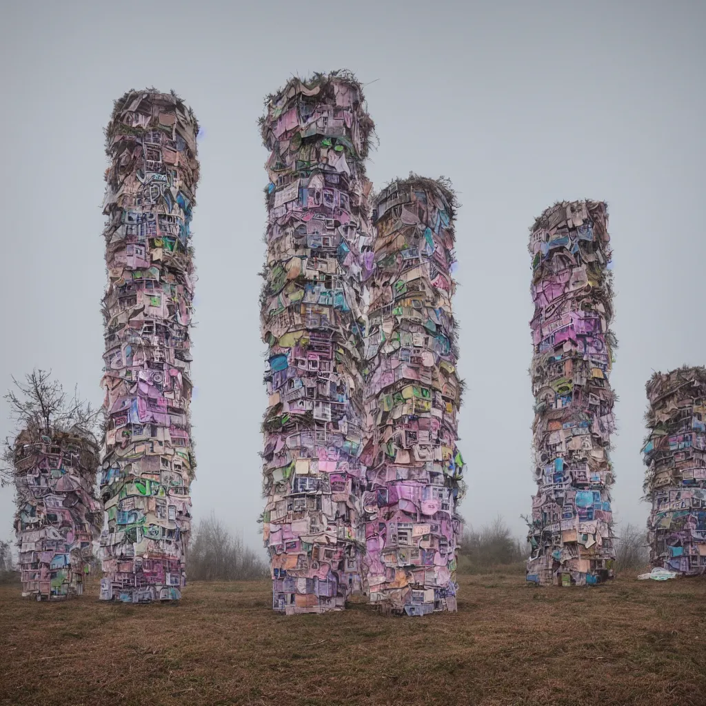 Prompt: two organic looking towers, made up of makeshift squatter shacks with pastel colours, uneven light fog, dystopia, hasselblad x 1 d, fully frontal view, very detailed, photographed by jeanette hagglund