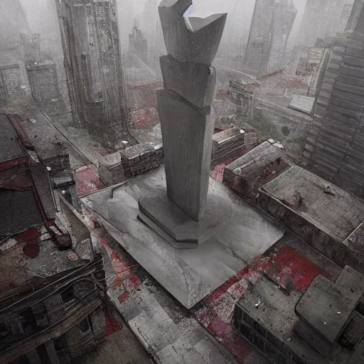 Image similar to a highly detailed epic cinematic concept art CG render digital painting artwork: rain melts concrete socialist monument. Soviet, gloomy, dystopian, night. By Greg Rutkowski, Ilya Kuvshinov, WLOP, Stanley Artgerm Lau, Ruan Jia and Fenghua Zhong, trending on ArtStation, made in Maya, Blender and Photoshop, octane render, excellent composition, cinematic atmosphere, dynamic dramatic cinematic lighting, aesthetic, very inspirational, arthouse