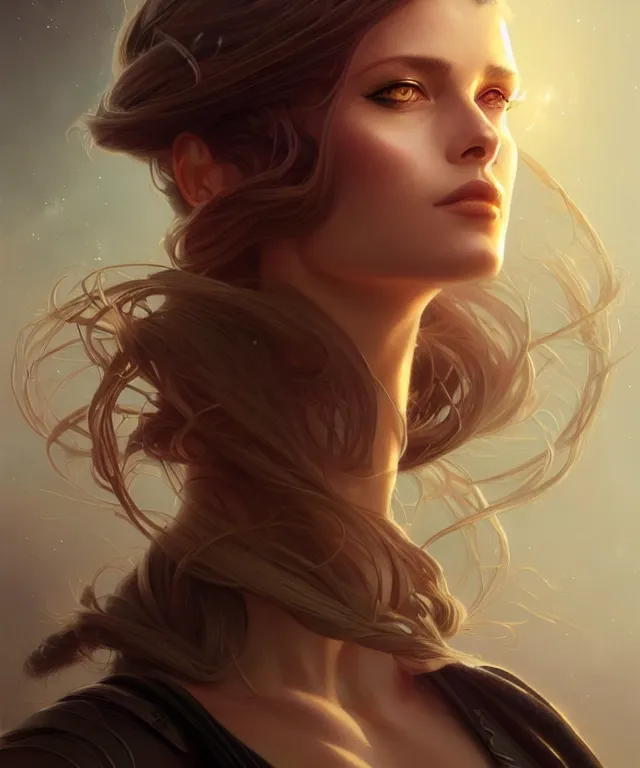 Image similar to futuristic woman portrait, sci-fi, amber eyes, face, long hair, fantasy, intricate, elegant, highly detailed, digital painting, artstation, concept art, smooth, sharp focus, illustration, art by artgerm and greg rutkowski and alphonse mucha