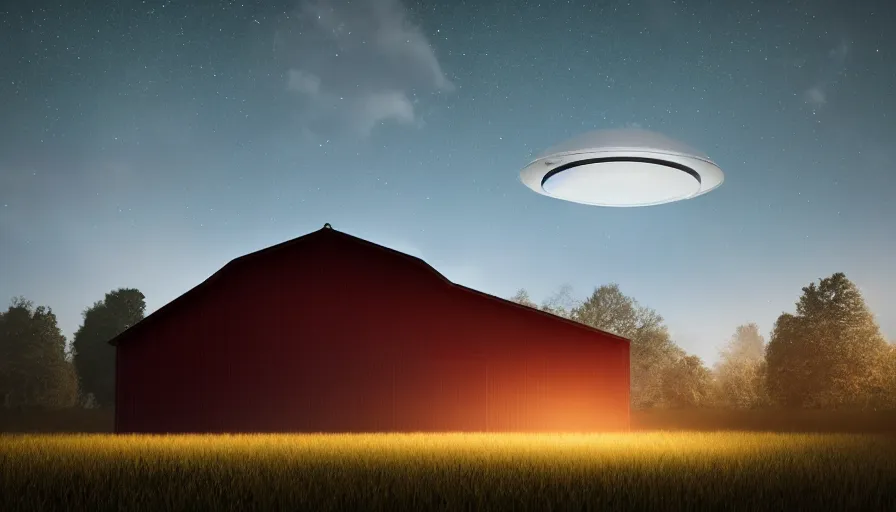 Image similar to a ufo floats over a barn with a broken roof, debris is ascending toward the ufo, volumetric lighting, night, photorealistic rendering, color palette, 8 k