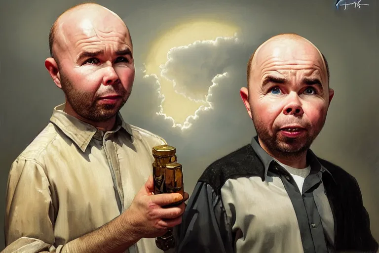 Image similar to oil portrait of karl pilkington and warwick davis. oil painting, highly detailed, centered, artstation, concept art, smooth, sharp focus, illustration, artgerm, vermeer, hans peter mohrbacher, donato giancola, joseph christian leyendecker, drew struzan