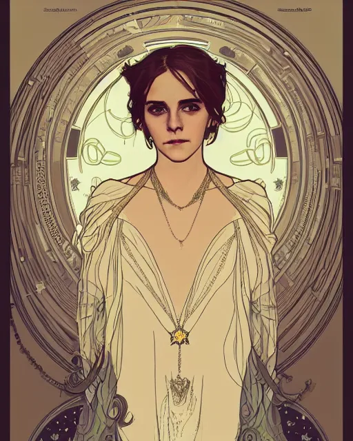 Prompt: a portrait of a emma watson as an androgynous druid spirit wearing five necklaces of moons and stars, draped in transparent cloth, flat colors, occult, minimal, swirly, bust by alphonse mucha, decorative art nouveau border, astrophotography, vast cosmos, detailed book illustration, trending on artstation