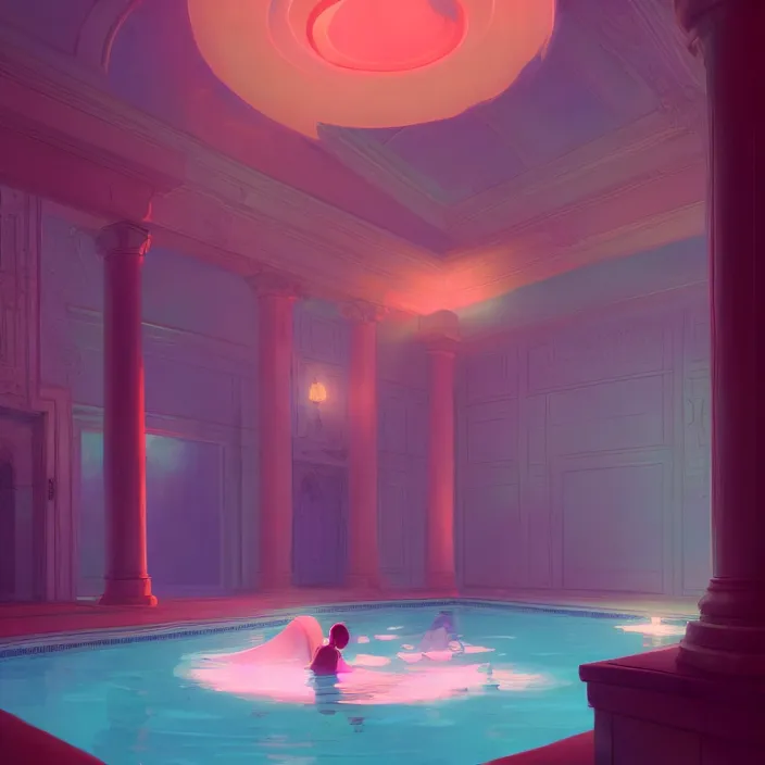 Prompt: subsurface scattering, beautiful interior of a pool inside a stunning mansion with statues, vibrant colors, atey ghailan, delphin enjolras, goro fujita, makoto shinkai, rim light, exquisite lighting, octane render, very coherent, trending on artstation