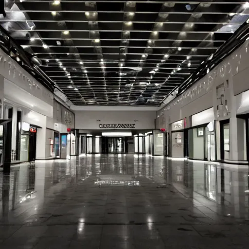 Image similar to an old creepy empty mall at night with only one light on