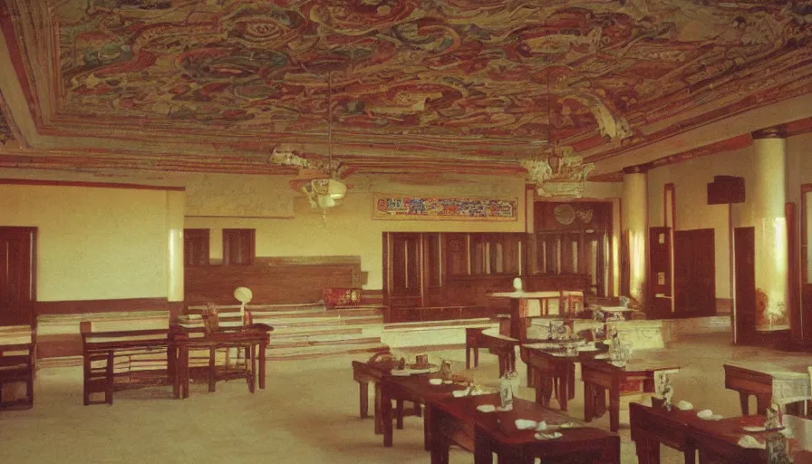 Prompt: 70s movie still of empty north-korean royal restaurant palace with propaganda fresco, post-stalinist style, eastmancolor, heavy grain, high quality, higly detailed