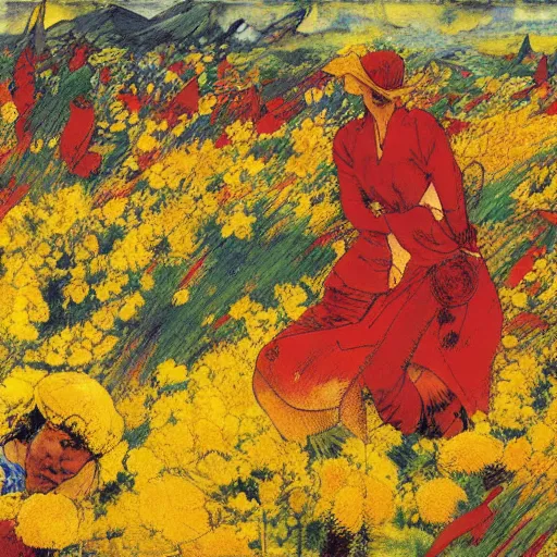 Prompt: 3 people in red desert drowning in a sea of yellow flowers, highly detailed, intricate, surreal, painting by Franz Marc, part by Yoji Shinkawa, part by Norman Rockwell