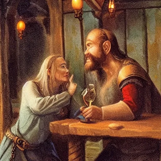 Prompt: An Elven woman and a Dwarf male drinking together in a tavern, warm lighting