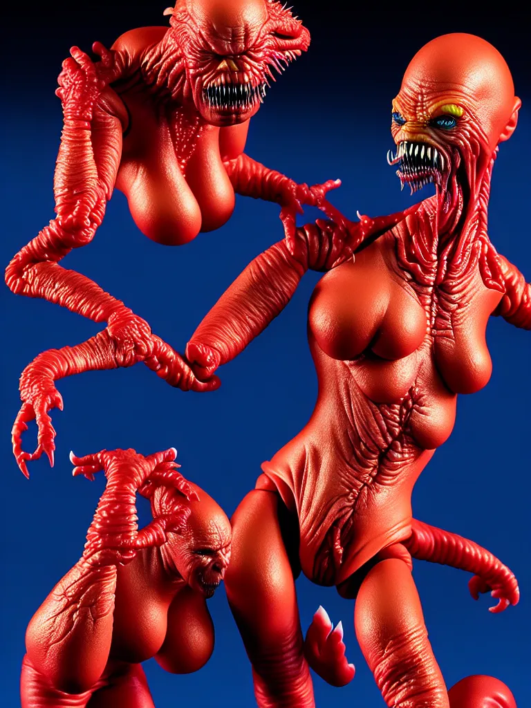 Image similar to hyperrealistic rendering, fat smooth john carpenter flesh monster natalie portman by bernie wrightson and killian eng and joe fenton, product photography, action figure, sofubi, studio lighting, colored gels, colored background