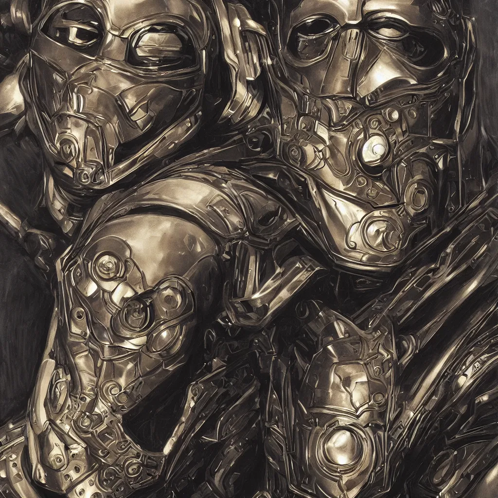 Image similar to hyperrealistic art nouveau bust portrait of Doctor Doom in shining mechanical armor by Kyle Hotz and Michael Golden, with rich atmospheric colors, 8k, sinister ambience, perfect comic illustration, accurate symmetrical anatomy and details, metallic art nouveau border designs, precise machinery, perfect symmetry, futuristic, medieval, dystopian, Blade Runner, Bernie Wrightston