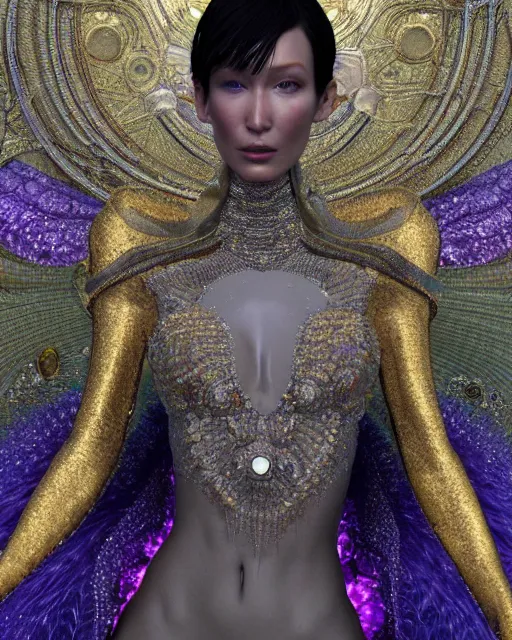 Prompt: a highly detailed metahuman 4 k close up render of an alien goddess bella hadid monument devil in iris van herpen dress schiaparelli in diamonds crystals swarovski and jewelry iridescent in style of alphonse mucha gustav klimt trending on artstation made in unreal engine 4