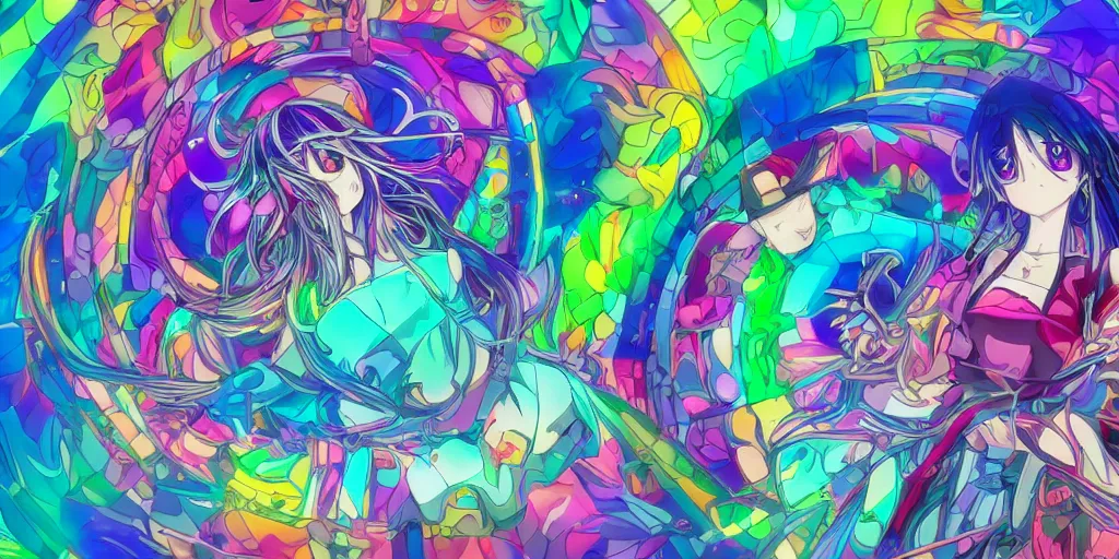 Image similar to Dreamy psychedelic anime, extremely colorful, geometric, Madoka witch labyrinth, patchwork, photoshop, HDR, 4k, 8k, abstract, two anime girls standing within two raging colorful vortexes