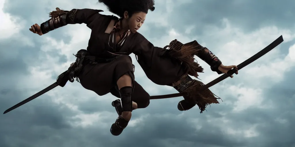 Image similar to a film still of a black woman starring in a japanese blockbuster film as ancient samurai, levitating mid air, intense, shallow depth of field, cinematic, award winning cgi, vfx, film still
