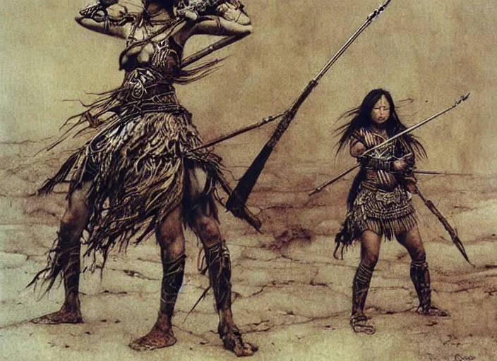 Image similar to young muscular mongol female warriors in tribal painting by Beksinski, Luis Royo, Arthur Rackham