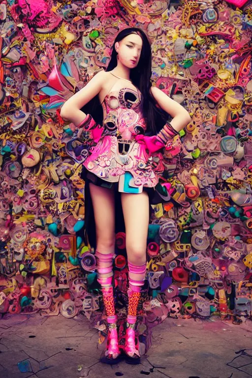 Image similar to antediluvian steppe magical girl wearing cybernetic floral valentino, cyberpunk steppe market background, bright cinematic fashion photography