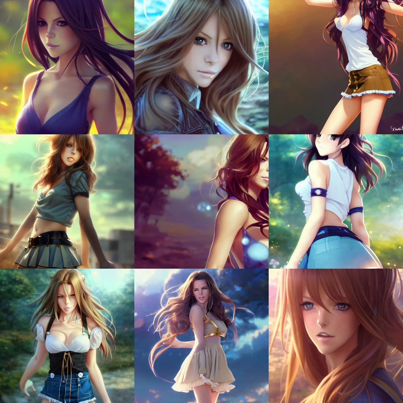 Prompt: kate Beckinsale as a very beautiful anime girl, full body, long golden hair, sky blue eyes, full round face, short smile, mini jeans skirt, cute top, summer setting, cinematic lighting, medium shot, mid-shot, highly detailed, trending on Artstation, Unreal Engine 4k, cinematic wallpaper by Stanley Artgerm Lau, WLOP, Rossdraws, James Jean, Andrei Riabovitchev, Marc Simonetti, and Sakimichan