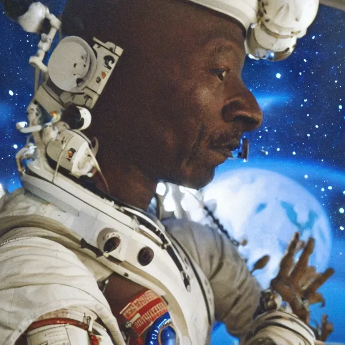 Prompt: analogue photo of an African tribal chief looking at planet earth out the porthole window of a spaceship, close-up, photographed from behind, NASA, photo shot by martha cooper, 35mm,