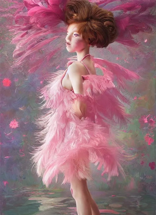 Image similar to beautiful little girl with an pink eccentric haircut wearing an dress made of feathers dancing on stage, artwork made by ilya kuvshinov, inspired in donato giancola, hd, ultra realistic, reflection, flowers, light