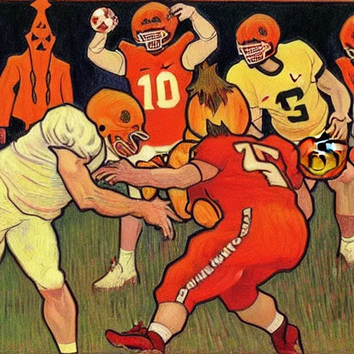 Prompt: painting of arkansas razorbacks players using a pumpkin as a football at the halloween jack o'lantern party, elegant, clear, painting, stylized, delicate, soft facial features, art, art by alphonse mucha, vincent van gogh, egon schiele