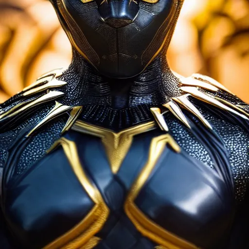 Image similar to a close up photo of a detailed golden statue of Black Panther, 8K,