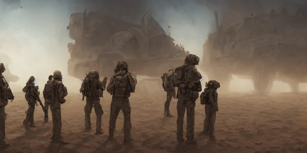 Image similar to private military company operatives standing outside immigration check point with severe sand storm across the sky, cinematic, realistic, detailed, intricate, digital art, ambient lighting, by jordan grimmer, pop art style, 3 5 mm film grain, artstation