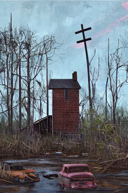 Image similar to scene fromlouisiana swamps, old protestant church with neon cross, junkyard by the road, boy scout troop, voodoo artwork by tim eitel