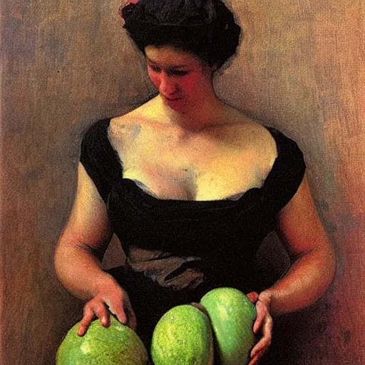 Image similar to A woman holding two melons to her chest, modest, 1950s, americana, award-winning, suburban, by Ilya Repin