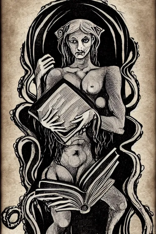 Image similar to michelangelo illustration of romantic girl, her cat and her book of necronomicon, symmetrical, cinematic, sharp focus, 4 k, ultra hd, sense of awe, sinister demonic atmosphere, dreadful, forbidden knowledge, old gods, cthulhu, yog - sothoth! yah, yah, yah! cultist journal cover