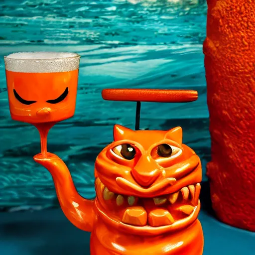 Image similar to a closeup photorealistic photograph of an orange cat garfield style tiki mug at a trader vic's bar with garfield's face on the front. tiki party. bright scene. fine detail. this 4 k hd image is trending on artstation, featured on behance, well - rendered, extra crisp, features intricate detail, epic composition and the style of unreal engine.