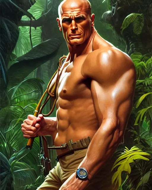 Prompt: doc savage in the jungle, fantasy character portrait, ultra realistic, concept art, intricate details, highly detailed by james bamaruan jia and mandy jurgens and artgerm and william adolphe bouguereau and frank frazetta