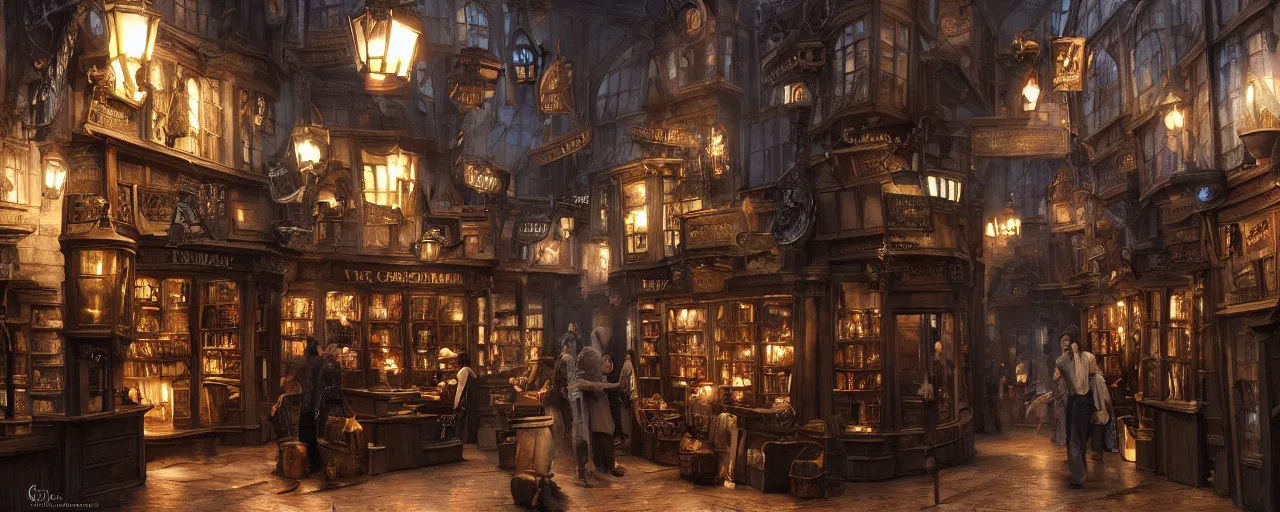 Image similar to most epic dramatic diagon alley magic store interior. epic cinematic hyperrealism masterpiece. realistic poster with shaded lighting by craig mallismo, artgerm, jeremy lipkin and michael garmash, unreal engine, radiant light, detailed and complex environment, digital art, art station trends